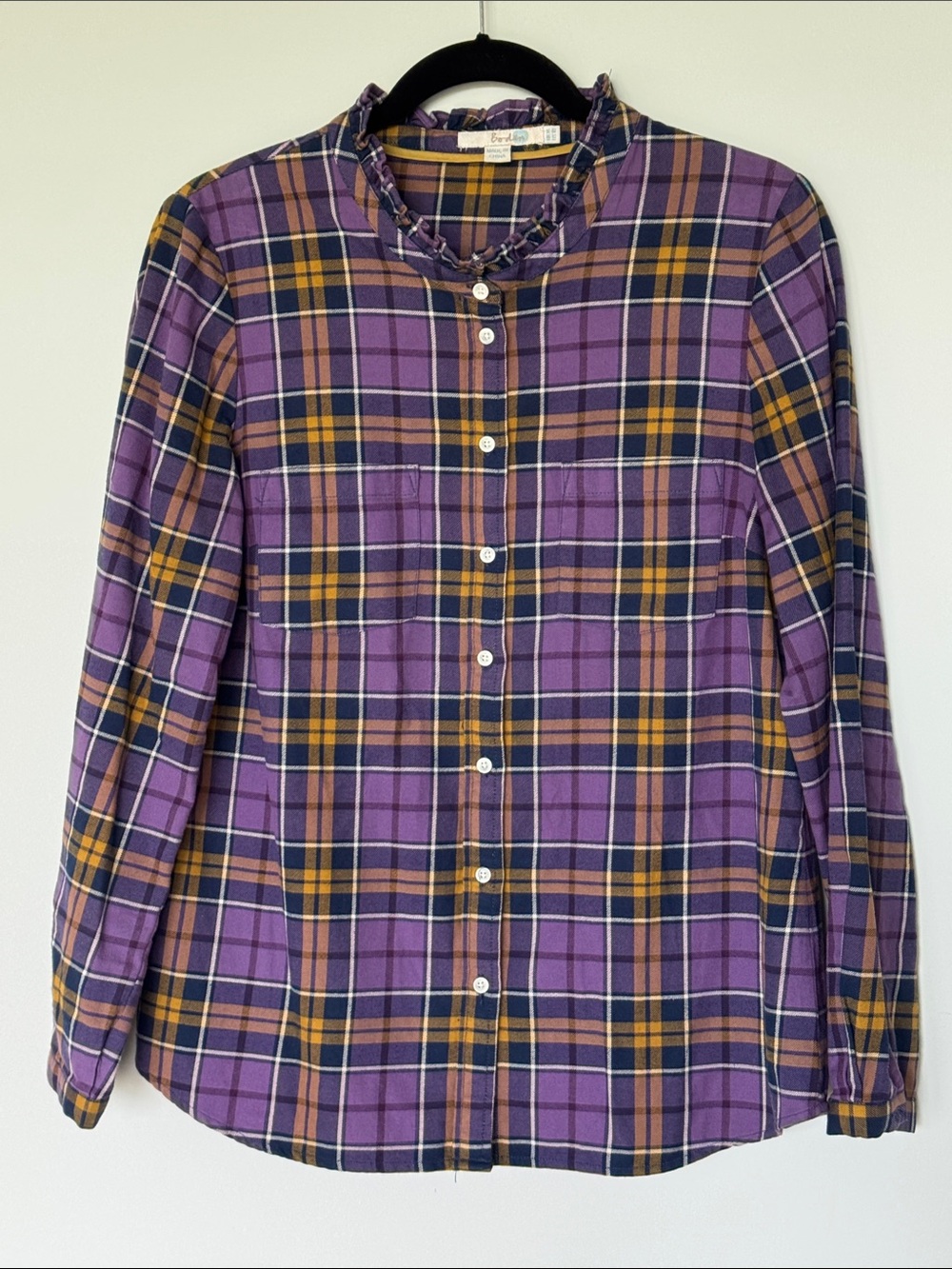 Boden Purple Plaid Button-Down Shirt with Gold Accents